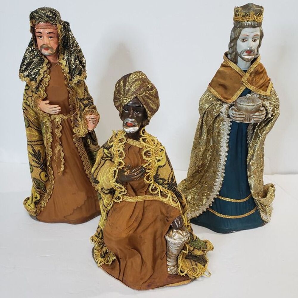 Old Vintage MCM 3 Paper Mache Wise Men Figurines 12" Christmas Nativity Set